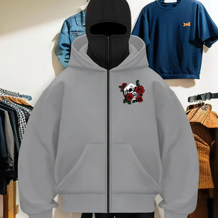 Autumn and winter hooded warm hoodies for men and women, with rose skull pattern printed in a trendy and exquisite style
