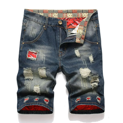 Pantaloncini di jeans da uomo lavati vintage della nuova estate Pantaloncini di jeans dritti maschili in difficoltà con toppe con foro strappato da strada alla moda casual