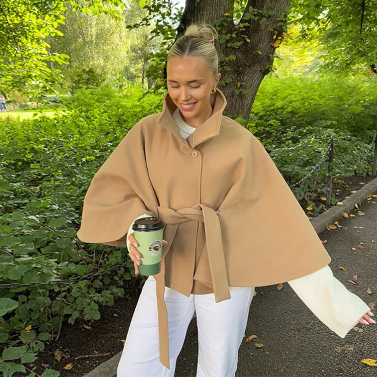Faux Fur Cloak Jackets Women Loose Standneck Three Button Wide Sleeves Belt Coats Female 2026 Autumn Solid Chic Fashion Outwears