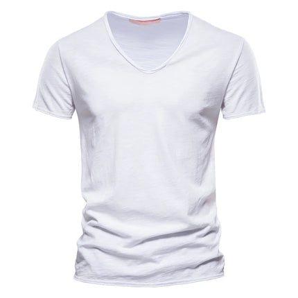 Men's 100% Cotton Branded Quality T-shirt V-Neck Fashion Design Slim Fit Solid Men's T-shirt Top Tees Short Sleeve T-shirt for Men