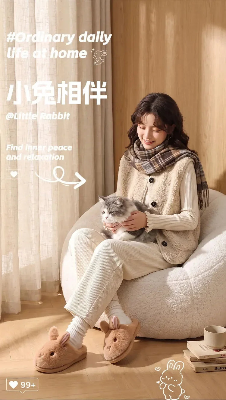 Women's Cute Rabbit Cotton Slippers Autumn and Winter Cartoon 3D Bunny with Plush Insulation, Thick Bottom, Home Plush Slippers