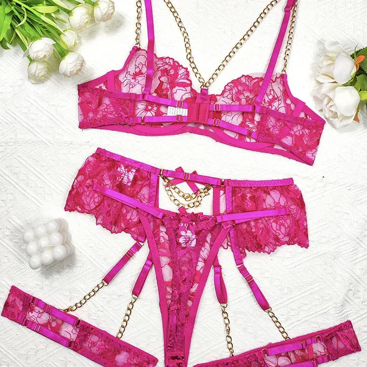 Sexy Clothes Women Lingerie Hot Fashion Chain Embroidery Sexy Perspective Hollow 3-point Lingerie Hot Lingerie Women