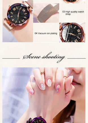 Orologi da donna con cielo stellato alla moda, fibbia magnetica, cintura in rete, orologio al quarzo con diamanti, orologio da donna platinumshop