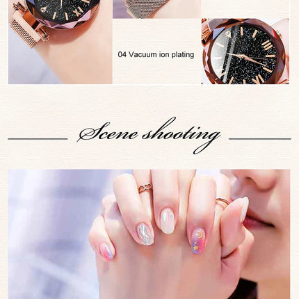 Orologi da donna con cielo stellato alla moda, fibbia magnetica, cintura in rete, orologio al quarzo con diamanti, orologio da donna platinumshop