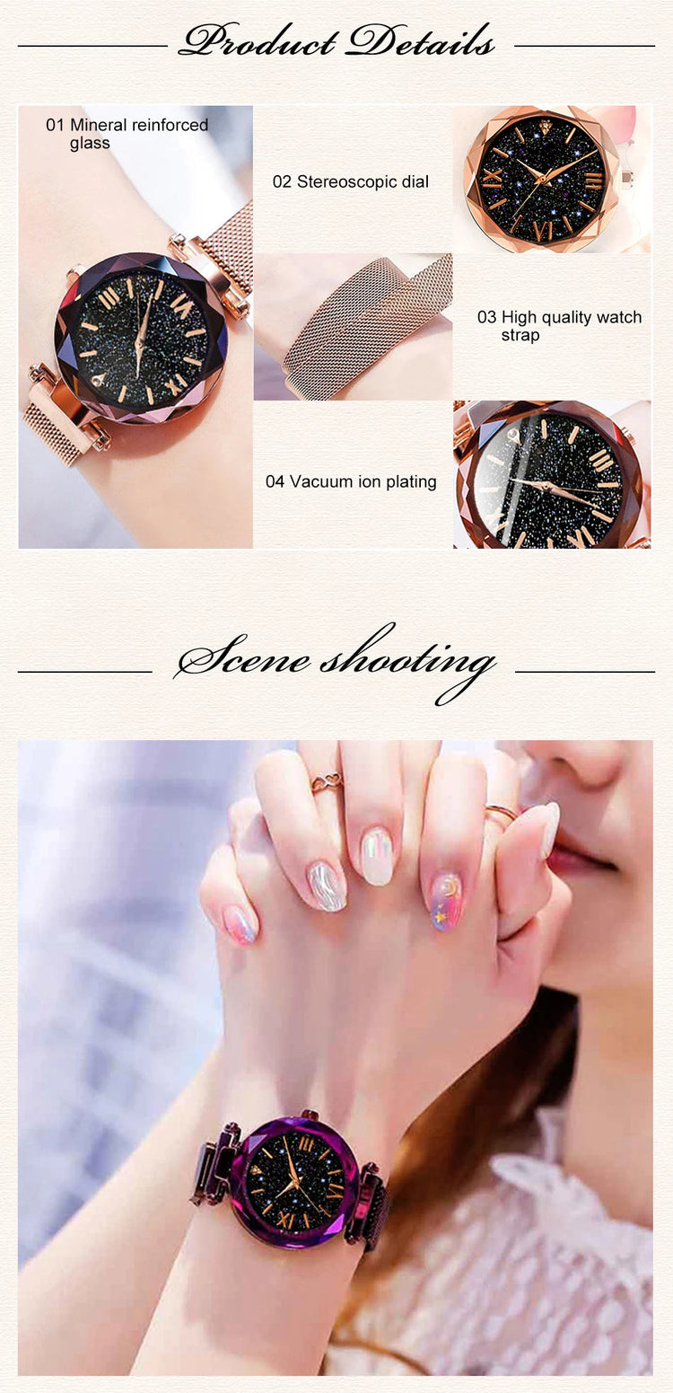 Orologi da donna con cielo stellato alla moda, fibbia magnetica, cintura in rete, orologio al quarzo con diamanti, orologio da donna platinumshop