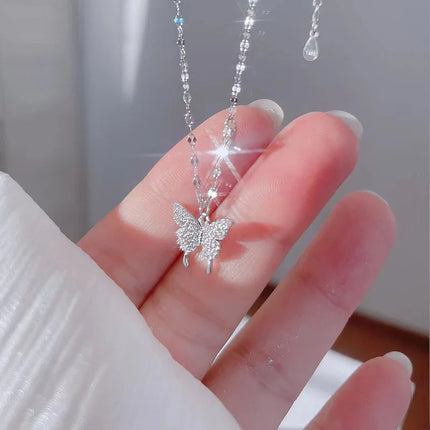 Silver Butterfly Necklace Women Crystal Zircon Pendant Necklace for Women Girl Crystal Chain Necklace Party Jewelry PlatiNum