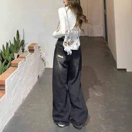 Jeans Neri Gotici Y2K Strappati da Donna, Pantaloni Larghi in Denim Estetici, Jeans Oversize Stile Harajuku, Abbigliamento Vintage Anni 2000