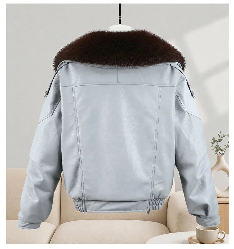 New Parkas Women Leather Jacket Big Fur Collar Tooling Cotton Jacket 2026 Winter Thicke Warm Cotton Padded Coat Female Outerwear