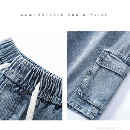 Pantaloncini di jeans alla moda retrò estivi per uomo Jeans corti multitasche larghi con gamba dritta con elastico in vita e coulisse da uomo