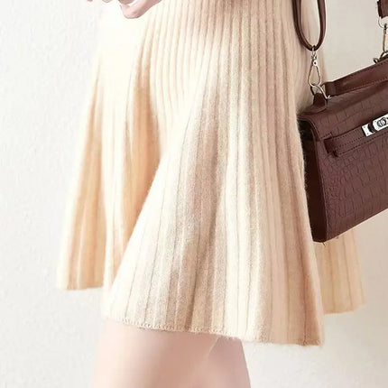 100% Merino Wool Mini Skirt Korean Women's AutumnWinter Fashionable Solid Color Elastic Waist Knitted Pleated Skirt PlatiNum
