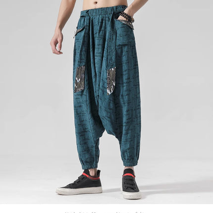 Pantaloni a gamba larga da uomo in cotone e lino casual oversize Harajuku pantaloni alla moda da uomo samurai giapponese retrò Ukiyo-e stampa pantaloni con cintura da uomo