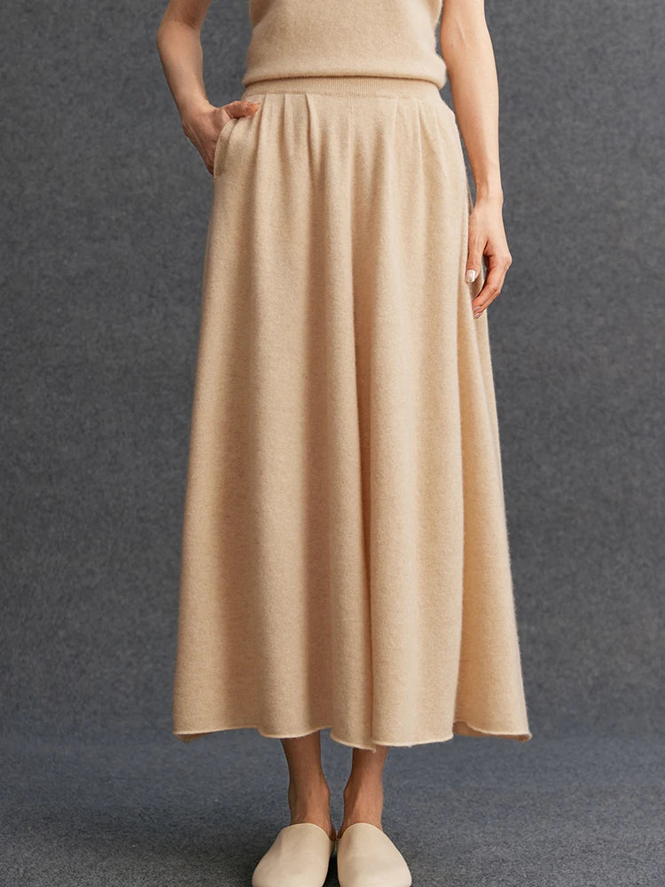 New Women's 100% Pure Cashmere Knitted Full Skirt Autumn Winter High Waisted Mid-calf Ankle-Length Soild Dress Versatile Elegant PlatiNum