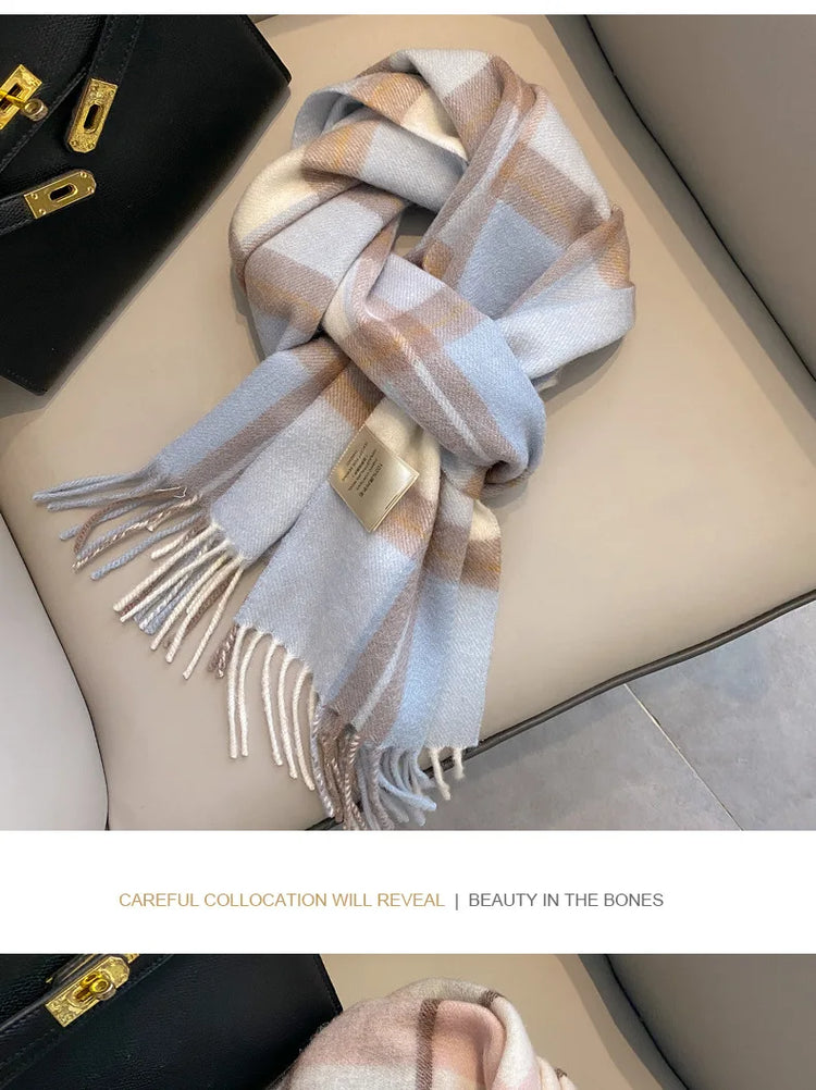 High Quality 100% Pure Wool Scarf Women Classic Chic  Autumn Winter Colorful Plaid Tassel Warm Muffler Female Thermal Shawl Lady
