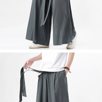 Pantaloni retrò in cotone e lino stile cinese Uomo Kimono estivo Pantaloni tradizionali in tinta unita Pantaloni casual a gamba larga streetwear maschile