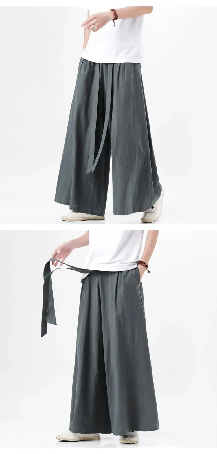 Pantaloni retrò in cotone e lino stile cinese Uomo Kimono estivo Pantaloni tradizionali in tinta unita Pantaloni casual a gamba larga streetwear maschile
