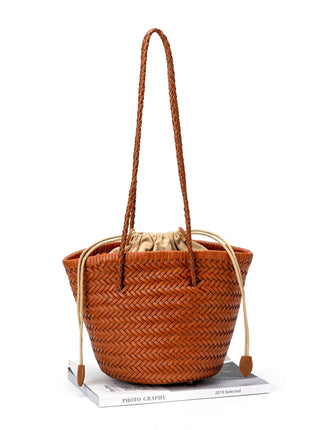 Borsa a secchiello intrecciata a mano 2026 in vera pelle, borsa a tracolla vintage da donna per uso quotidiano, pendolarismo e vacanze