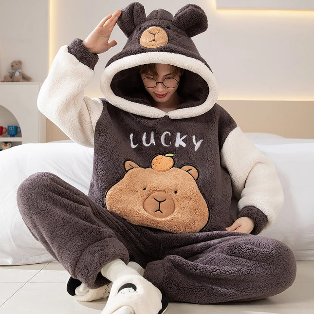 New 2026 Couple Pajamas Set Women's Thickened Fleece-lined Coral Velvet Men Sleepwear For Winter Cute Cat Homewear