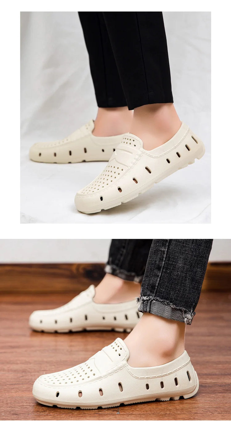 Mocassini Comodi da Uomo in Pelle, Scarpe Antiscivolo da Guida, Sandali Estivi, Zoccoli Casual con Punta Tonda, Scarpe da Lavoro Slip-on