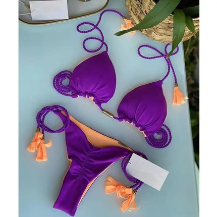 Nuovo Costume da Bagno Sexy da Donna, Set Bikini all'Uncinetto a 2 Pezzi, Triangolare Brasiliano, Push-Up, per Spiaggia Estiva PlatiNum