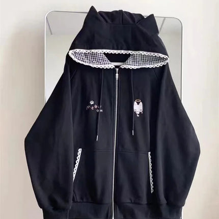 Ropa Mujer Japanese Cute Hoodies Coats Cute Cat Print Hooded Sweatshirts Y2K Tops Women Clothing Casual Zipper Loose Hoodie