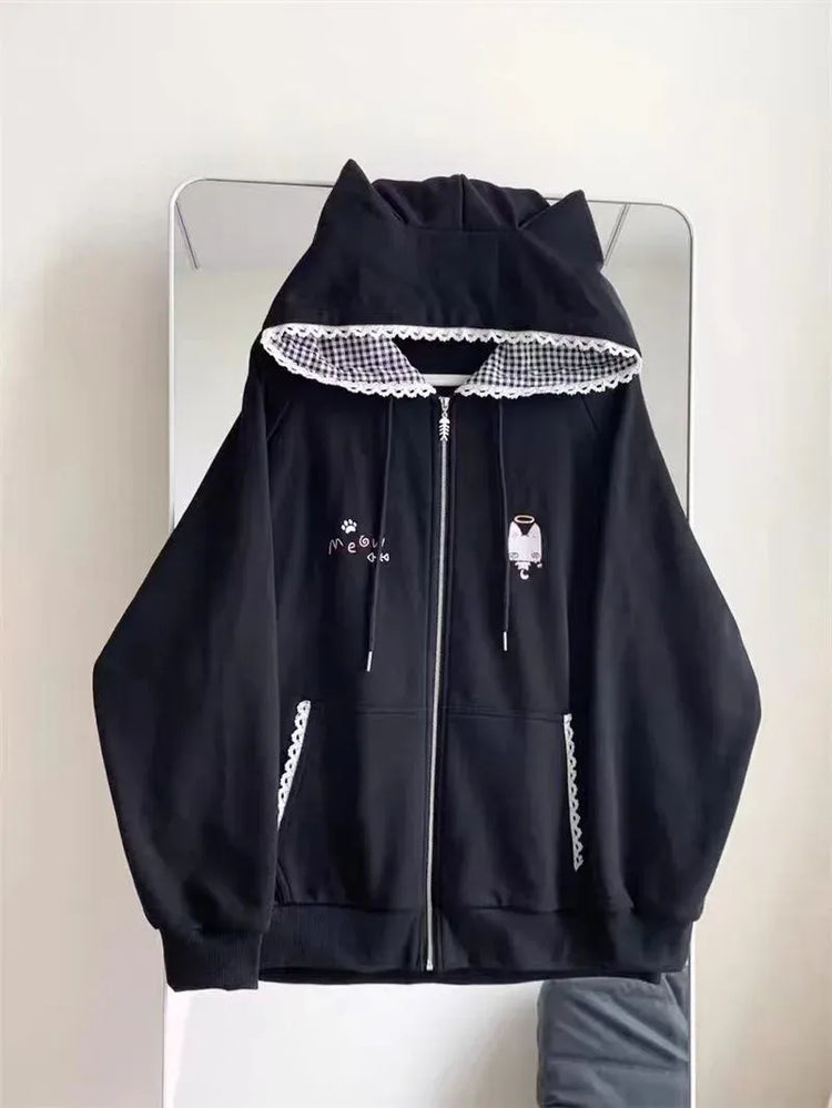 Ropa Mujer Japanese Cute Hoodies Coats Cute Cat Print Hooded Sweatshirts Y2K Tops Women Clothing Casual Zipper Loose Hoodie