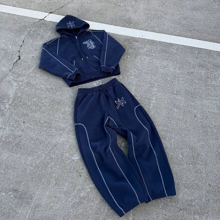 American Y2K Casual Zipper Hoodie Sweatpant Two Piece Set HipHop Oversized Embroidery Sweatshirts Men Women Casual Pants PlatiNum