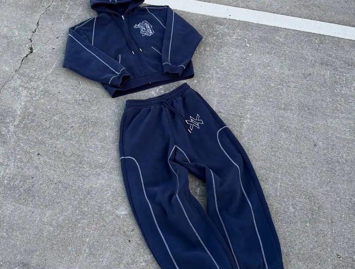 American Y2K Casual Zipper Hoodie Sweatpant Two Piece Set HipHop Oversized Embroidery Sweatshirts Men Women Casual Pants PlatiNum
