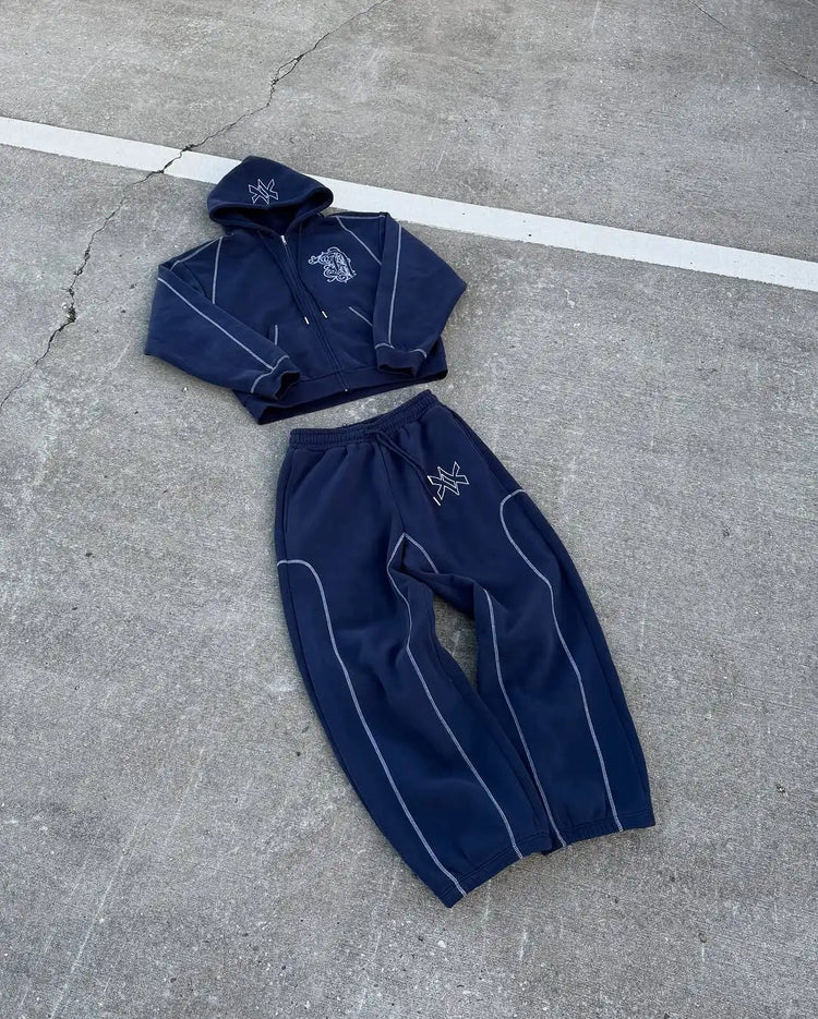 American Y2K Casual Zipper Hoodie Sweatpant Two Piece Set HipHop Oversized Embroidery Sweatshirts Men Women Casual Pants PlatiNum