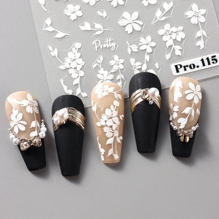 2pcs White Flower 3D Nail Art Stickers Sakura Blooming Florals Leaf Self-Adhesive Nail Decorations Sliders for DIY Manicure