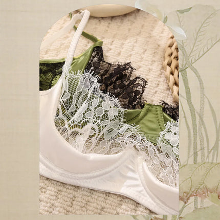 MOYISU No‑Wire French Lace Half‑Cup Bra Set Women Ultra‑Thin Transparent Green Lingerie, Daily Brassiere 32‑38 AB for Small Bust