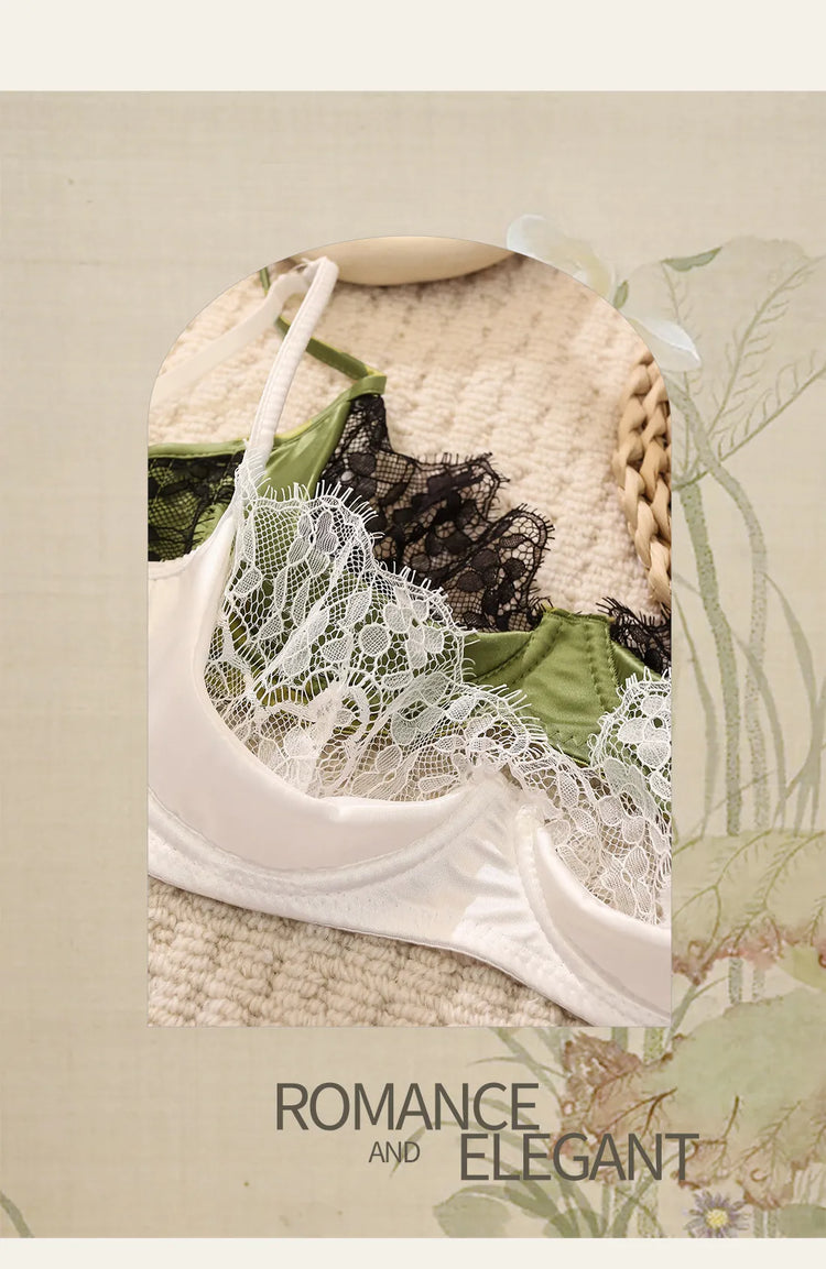 MOYISU No‑Wire French Lace Half‑Cup Bra Set Women Ultra‑Thin Transparent Green Lingerie, Daily Brassiere 32‑38 AB for Small Bust