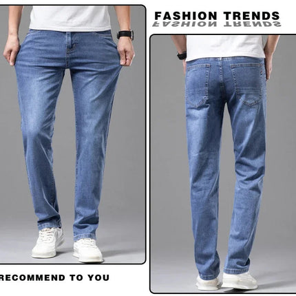 Summer Thin Men's Elastic Cotton Jeans Fashion Gray Comfortable Business Straight Casual Pants Brand Male Clothes Trousers PlatiNum
