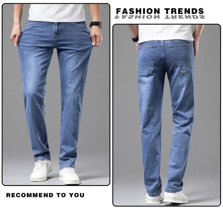 Summer Thin Men's Elastic Cotton Jeans Fashion Gray Comfortable Business Straight Casual Pants Brand Male Clothes Trousers PlatiNum