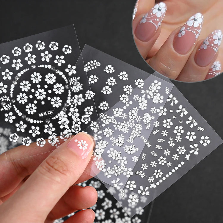 30sheets White Flower Nail Art Stickers 3D Rhinestones Floral Nail Decals 5.5*6.5cm Self Adhesive White Flower Nail Decorations