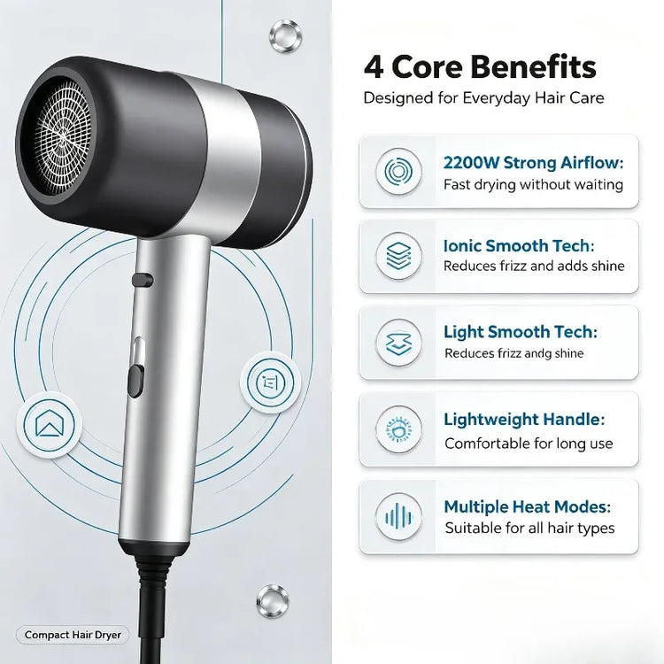 WETECH W1119 2200W Negative Ionic Hair Dryer 220-240V EU Plug Professional Compact Hair Blow Dryer With Concentrator Nozzle Cool Shot Function For Home Travel