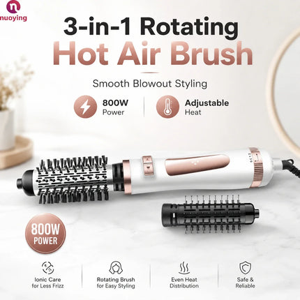 3 in 1 Rotating Hot Air Brush, 800W Professional Hair Dryer Brush, Bi-Directional Rotation with 2 Curling Rollers, Adjustable Temp & Speed Hair Styling Tool