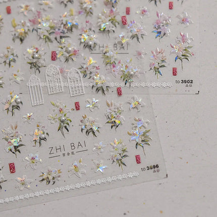 5D Kawaii Lily Nail Art Stickers 1pcs Japanese Pink White Flower With Diamond Self Adhesive Nail Decorations Slider Decals DIY