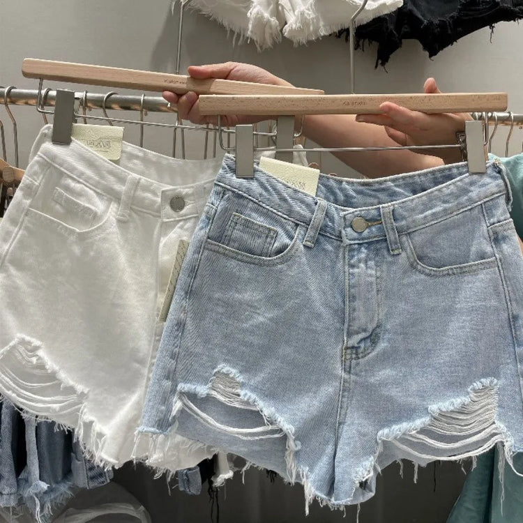 Nuovi Shorts in Denim da Donna con Bordi Grezzi, Modello Ampio a Trapezio, Strappati, a Vita Alta, Hot Pants - platinumshop