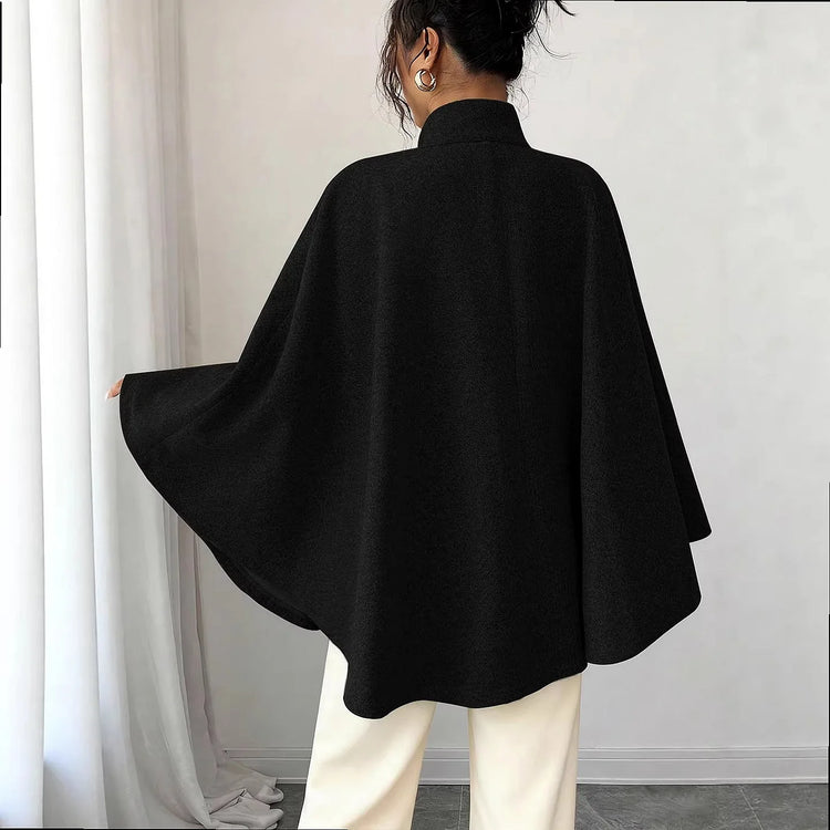 Elegant Stand Collar Tie Waist Cape Design Wool Coat, Coats for Women Spring Summer Outerwear with Chic Overcoat Style