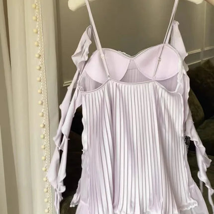 Women's Sexy Soft Chiffon Silk Nightgown with Straps and Pleats, Off-Shoulder Lingerie with Puff Sleeves and Ruched Details, 2026 Collection