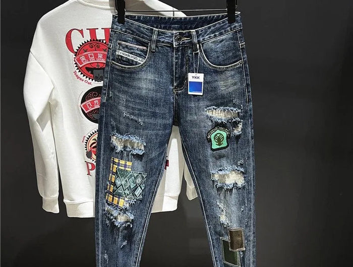 2023 Spring and Autumn New Men's Fashion Trend Ripped Patch Small Foot Pants Men's Casual Slim Comfortable High-Quality Jeans PlatiNum