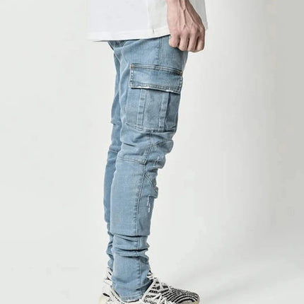 new Jeans Men Pants Wash Solid Color Multi Pockets Denim Mid Waist Cargo Jeans Plus Size Fahsion Casual Trousers Male Daily Wear PlatiNum