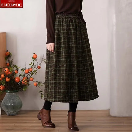Art Mori Girls Woolen Skirts New 2025 Autumn Winter Basics Woman Cute Sweet Japanese Preppy Style Retro Vintage Long Plaid Skirt PlatiNum