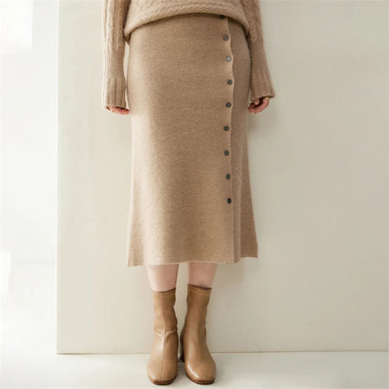 Women 100% Cashmere Skirts Office Lady Autumn Winter Knitted High Waist A-Skirt Graceful Long Warm front-open skirt with buttons PlatiNum
