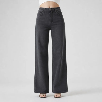 Women's Wide Leg Jeans in Grey-Black, High Waist, Stretch Denim, Loose Fit, Belt Detail with Scarf, Modern Casual Style, Fashionable Pants for All Seasons, Sizes Xs-Xl，Fx1338-5