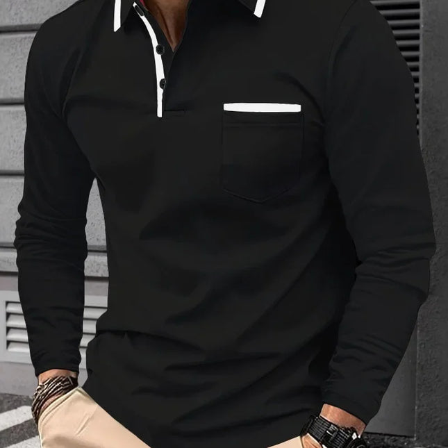 Nouveau polo homme à manches longues, style sportswear décontracté, avec col à revers et boutons décoratifs, modèle transfrontalier.