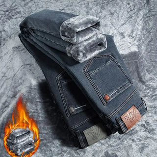 Winter Warm Men's Jeans Fleece Thickened Elastic Smoke Gray Black Business Straight Casual Denim Pants Brand Man PlushClothes
