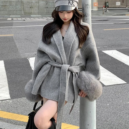 Coats for Women Autumn Winter New Elegant Long Sleeves V Neck Lace Up Woolen Coat Korean Fashion Casual Loose Street Trends Coat