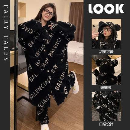 Plus Size Leopard Winter Hooded Robe Pajamas Set Women Plush Soft Home Suit Coral Pjs Long Sleeve Thick Warm Flannel Loungewear