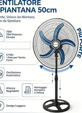Grande Sconto Ventilatore a piantana leggero, montaggio semplice e veloce, vento molto potente, modello 50cm 75W con 5 pale blu, altezza regolabile e oscillazione automatica, spedizione gratuita in tutta Italia